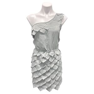 C. Luce One Shoulder Gray/Silver Scalloped Leaf Detail Cocktail Dress Size L